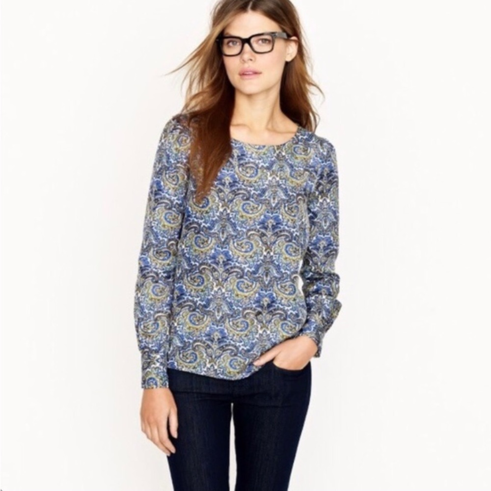 J. Crew Talitha Blue/Gold Silk Peacock Paisley Blouse